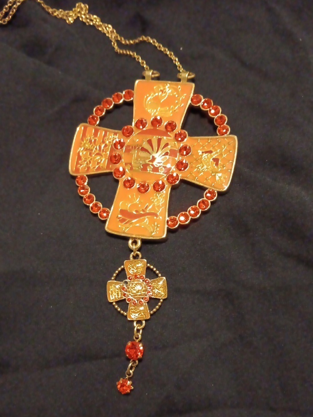 Pilgrim Gold-Tone Orange Enamel Cross Pendant Necklace with Orange Crystals